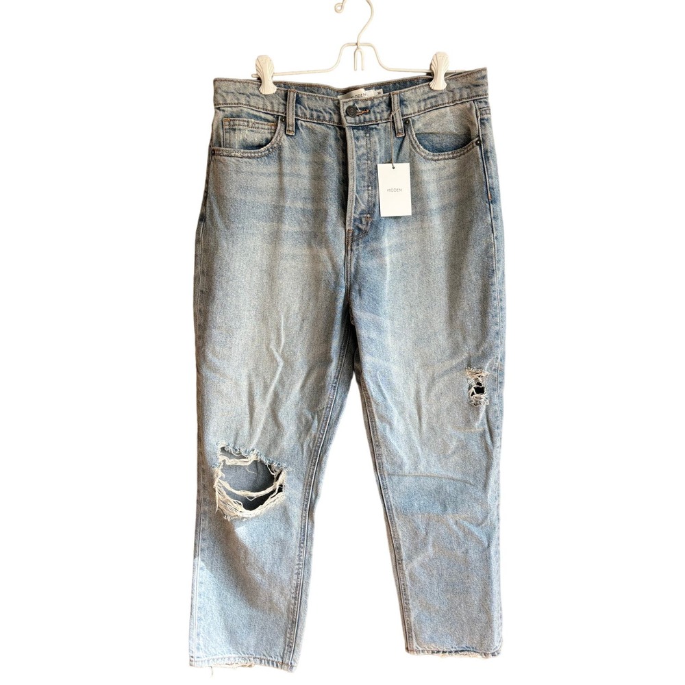 Hidden Womens Tracey High Rise Straight Crop Jeans Distressed Light Wash Size 30